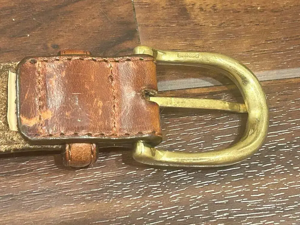 Vintage Hand-Tooled Tan Leather Western Belt with Brass Buckle